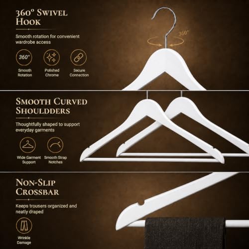 Image of Ash & Roh - Wooden Suit Hangers - Smooth Finish Solid Wood Coat Hanger with Non Slip Pants Bar, 360 Swivel Hook and Precisely Cut Notches Camisole, Jacket, Clothes Hangers (White Hanger, 45)