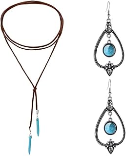 Yolev Bohemian Turquoise Jewelry Set Long Choker Necklace Turquoise Pendant Necklace Vintage Turquoise Dangle Earrings Boho Jewelry for Women