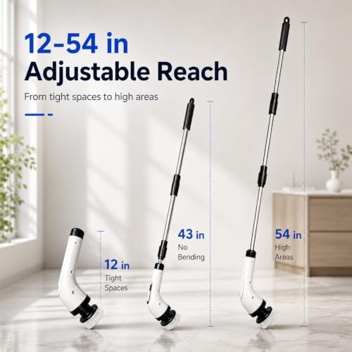 Image of Highyes Electric Spin Scrubber for Bathroom, IPX7 Waterproof Shower Scrubber with Extendable Long Handle, Bathroom Cleaning Scrubber with 7 Reusable Brush Heads (White)