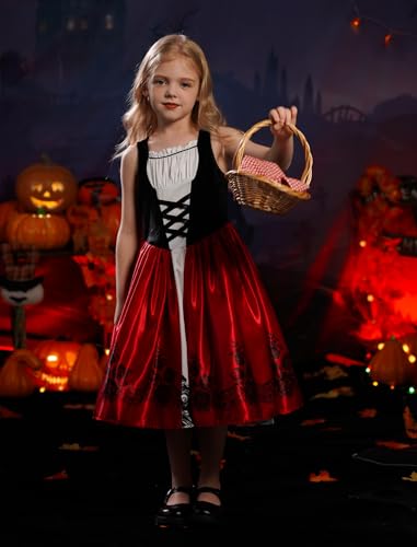 Imekis Little Red Riding Hood Costume For Girls: Toddler Baby Halloween Costumes Kids Velvet Red Cape Cloak Dress Up Cosplay Deluxe Storybook Fairy Tale Princess Birthday Outfit Party Red + Black 7-8 Years thumb #4