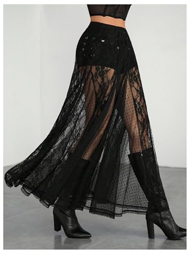 Verdusa Women's Contrast Lace Sheer Long Skirts A Line Low Waist Flared Flowy Skirt3