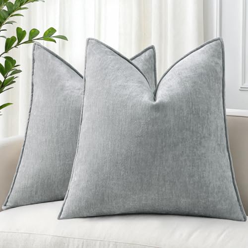 decorUhome Couch Throw Pillow Covers 24x24 Set of 2, Decorative Soft Euro Neutral Chenille Pillow Covers with Elegant Design for Sofa Bed Living Room Home Decor, Ultimate Gray