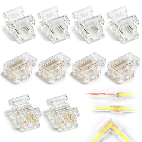 Aurvivia 10Pcs 2 Pin 8mm Solderless COB LED Strip Light Connectors Include 4 L Shape 4 Straight Center 2 Strip to Wire Connectors for COB LED SMD Strip Lights 36V 5A