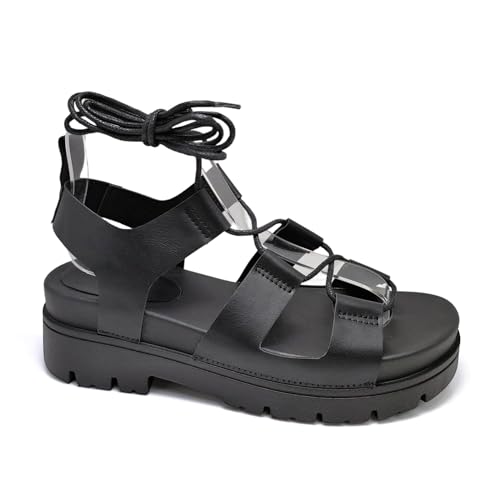 Image of LUNATECH Women Summer Sandals Gladiator Platform Sandals Chunky Sandals Ladies lace-up Strappy Sandals Leather Shoes With lug sole (BLACK, Adult, Women, 7, Numeric, UK Footwear Size System, Medium)