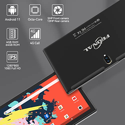 FEONAL 2023 Neueste Tablet 10 Zoll, Android 4G LTE+WiFi, Tablets Mit 2 SIM 1 SD,64GB ROM SD Max 512GB-Octa-Core | 1080P FHD | 13MP | 6000mAh | Bluetooth | WLAN/GPS/OTG/Typ C - Schwarz – Bild 3