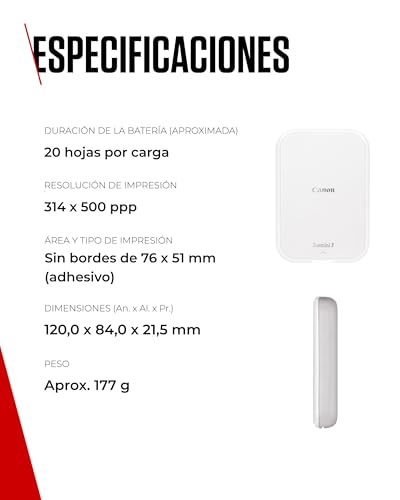 Miniatura 6 de Canon Zoemini 2 Kit de Impresión – Impresora Fotográfica Portátil y Compacta – Bluetooth 5.0 – Carga Rápida USB C Ideal para Viajes (Blanco)