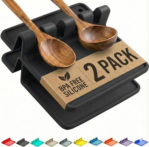 Cooler Kitchen Black Silicone Spoon Rest for Stove Top with Drip Pad (Two Pack) - Heat-Resistant, BPA-Free Utensil Rest & Spoon Holder for Kitchen Counter - Grill Utensil Holder for Spatulas