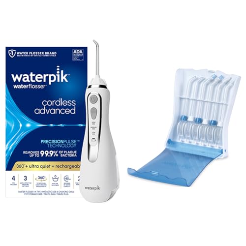 Bundle with Waterpik White Cordless Advanced 2.0 Water Flosser WP-580 and Tips Storage Case with 6 Count Genuine Waterpik Water Flosser Tips, Rechargeable, Portable Oral Irrigator for Travel & Home