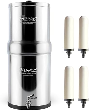RAMA Gravity Water Filter | 32L Total Capacity (16L Storage) | 304 Stainless Steel Non-Electric Water Purifier Filter for Home | Includes 4 Spirit Candles & Steel Tap | 10-Year Warranty