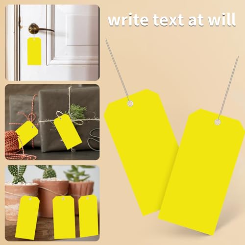100 Pieces Plastic Shipping Tags with Wires Blank Labeling Tags Waterproof Hang Tags with Reinforcement Hole Durable Wire Tags Labels Stacking Tags for Equipment Car Parts (Yellow, 4 3/4\" x 2 3/8\")