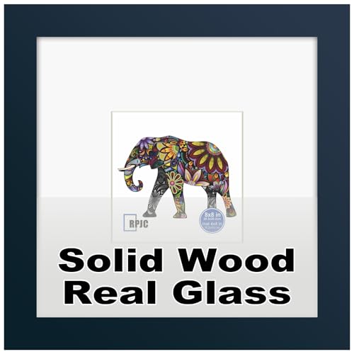 RPJC 8x8 Soild Wood Picture Frame with High Definition Glass Display Pictures 4x4 with Mat or 8x8 Without Mat for Wall Mounting Hanging Photo Frame Jazz Blue