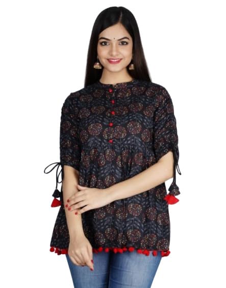 Women's Floral Print Cotton Top, Maroon, Mandarin Collar, 3/4 Sleeve with Tie-Up, Pom-Pom Trim-picture-28