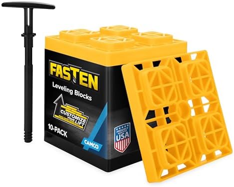 Camco FasTen RV Leveling Blocks - Features Interlocking Design for Customizable Height - Carrying Handle Twists to Secure Blocks for RV Storage - 8.5” x 8.5” x 1”, Yellow, 10-Pack (21022)
