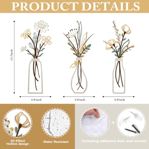 Pigort 3 Pieces Metal Flowers Wall Art- Rustic Farmhouse Decor Minimalist Decor for Living Room Bathroom Bedroom Dining Room, Housewarming Gifts Christmas Decoration(Beige, Vase-C) - Image 2