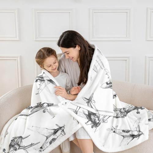 Airplane Kids Throw Blanket,American Aircraft Vintage Toddler Bed Blanket for Girls Boys Adults,Air Vehicles Air Plane Fleece Blanket,Black White Fuzzy Blanket,Throw Size (50 x 60 Inches) by Manfei - Image 5