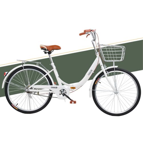 Foldable Beach Cruiser Bicycle, Bike Womens,Folding Bike, City Commuter Bike with, Commuter Bike with Headlight and Taillight (White, 24 inches)