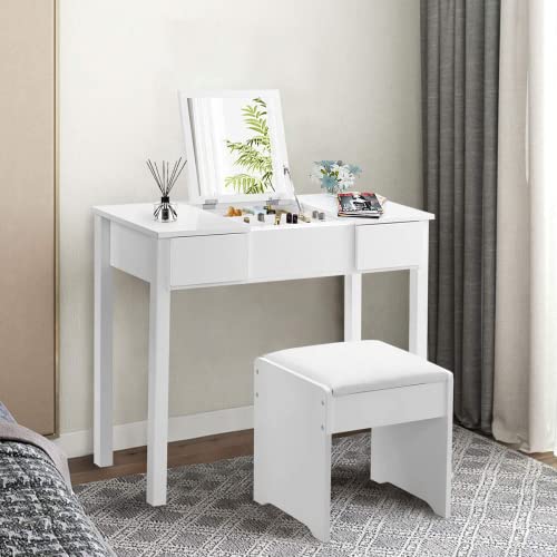 MAT EXPERT Vanity Set with Flip Mirror, Chic White Bathroom Dressing Table w/2 Drawers & 3 Removable Grid, Makeup Organizer Writing Desk w/Padded Stool, Multifunctional Dresser for Office/Bedroom
