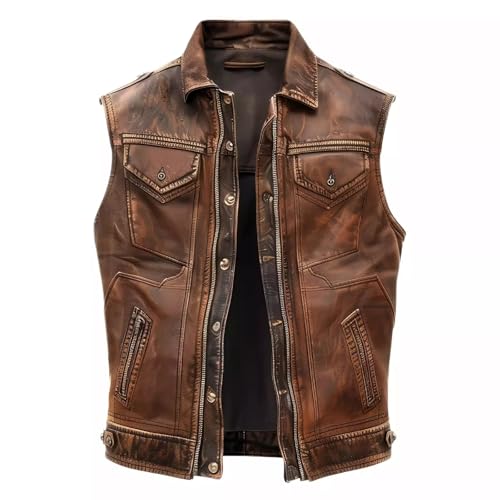Men's Distressed Sheepskin Leather Motorcycle Biker Vest – Real Leather Riding Waistcoat, Vintage Western Style