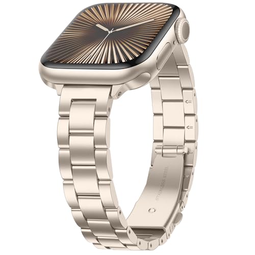 Image of Anlinser Bands Compatible with Apple Watch Band 42mm 41mm 40mm 38mm, Women Slim Stainless Steel Metal Strap for iWatch Series 10 9 8 7 6 5 4 3 2 1 SE (Starlight)