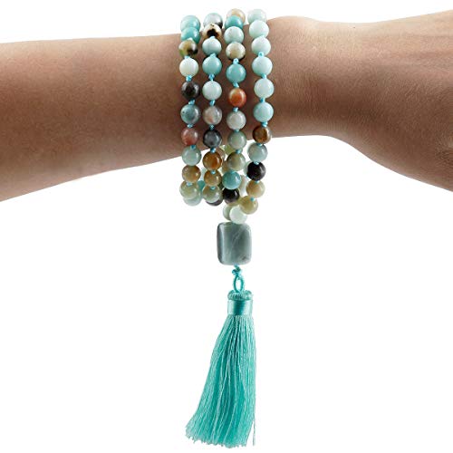 Image of Nupuyai Gemstone Mala Healing Crystal Beads Necklace, Tassel Meditation Yoga Bracelet, Boho Statement Long Chain