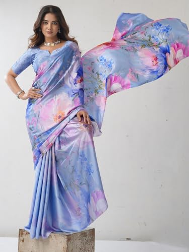 Image of Satrani Women's Satin Digital Printed Saree with Unstitched Blouse Piece