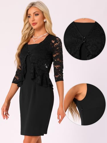 Allegra K 2 Pieces Outfits for Women's Mother of Bride Formal Sleeveless Dress Lace Shrug Sets2