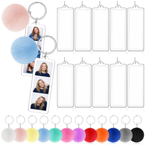 Image of 12 Pack Acrylic Photo Strip Keychains with Colorful Pom Poms, 1 x 3 Inch | Double Sided Acrylic Photobooth Strip Keychains, Easy DIY for Back to School Gifts, Classroom Rewards, Graduation Keepsakes