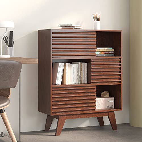 Sogespower Freestanding Storage Cabinet With Sliding Doors And Display Storage Shelves,3-Tier Sideboard Buffet Cabinet Bookcase For Home Office Living Room Bedroom,Mid Century Style,Walnut #TOP2