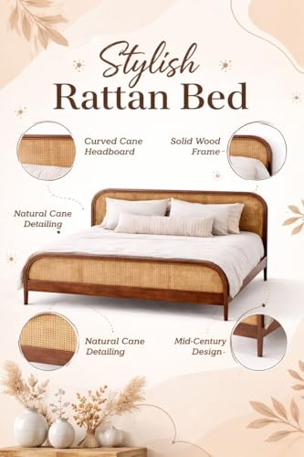 Image of Queen Size Wooden Bed | Modern Cane Headboard & Footboard | Low Height Double Bed for Bedroom Natural