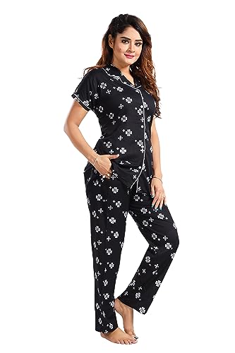 Image of Women's Cotton Heart Printed Night Suit Set of Shirt and Pyjama