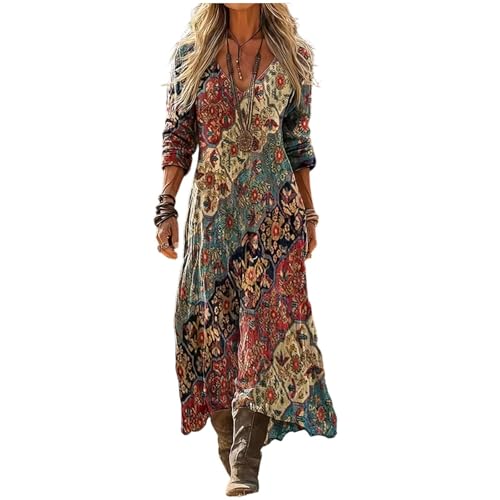 Vestido Lino Mujer Boho Chic Cuello en V Manga Larga Estampado Floral Bohemio Casual Elegante para Diario Playa Viajes Primavera Tallas Grandes Atuendo Versátil Suave Camisero Hawaiano Bolsillo