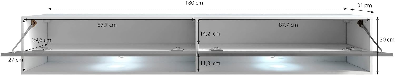 Meuble TV 180 cm noir ondulé avec éclairage LED en option, deux étagères, support TV suspendu