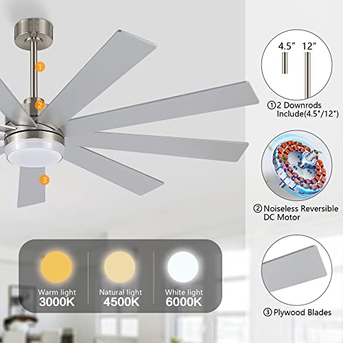 LEDLUX 64" Ceiling Fan with Light Silver, 6-Speed Remote Control, Reversible DC Motor, Modern 9 Blades with 4.5"/12" Downrods for Home or Commercial, Living Room/Restaurant by LEDLUX - Image 6