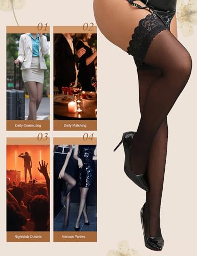 ohyeahlady Women 3 Pack Thigh High Stockings Lace Top Plus Size Sheer Antiskid Silicone Pantyhose XS-5XL2