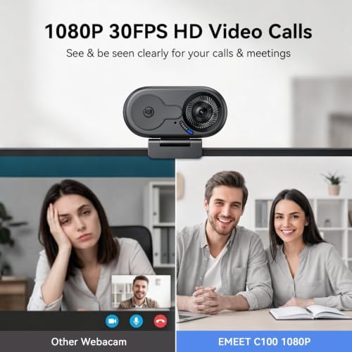 EMEET C100 1080P Webcam for PC w/Rotating Privacy Cover, Mic & Metal Clip