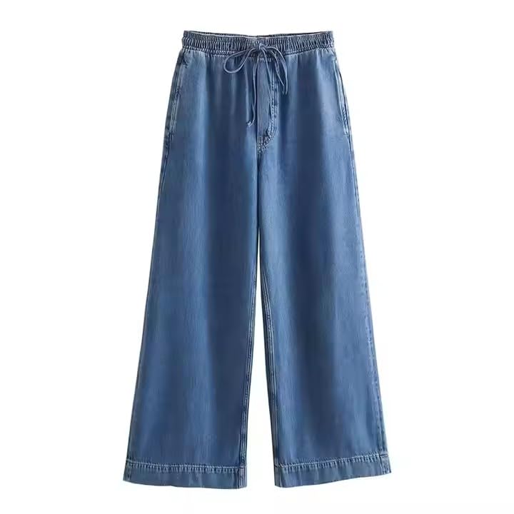 High-Waisted and Mid-Rise Women's Drawstring Wide-Leg Denim Pants – Adjustable Drawstring Casual Loose Fit Trousers