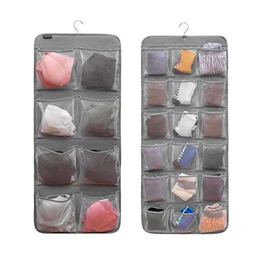 Dual-Sided Hanging Closet Organizer for Socks Underwear Bra Kids Storage Organizer for Baby Clothes Toddler Shoes with 26 Pockets (Grey-Mesh Pockets)