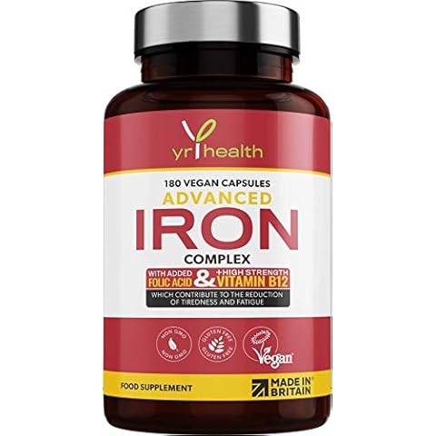 Iron Supplement, 20mg Maximum Strength Anti Fatigue Complex - 180 Vegan Capsules not Iron Tablets for Men & Women with Vitamin B12, Folic Acid, Vitamin C, B6, Zinc, Copper - Made in The UK by YrHealth Cover