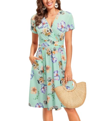 Image of Newshows Women's Pockets Wrap V Neck Floral Summer Vacation Casual Sundress | Wrinkle Free, Stretchy, Summer Beach Floral Sundress 2026, Casual Dress for Vacation, Guaduation, Side Pockets, A-line