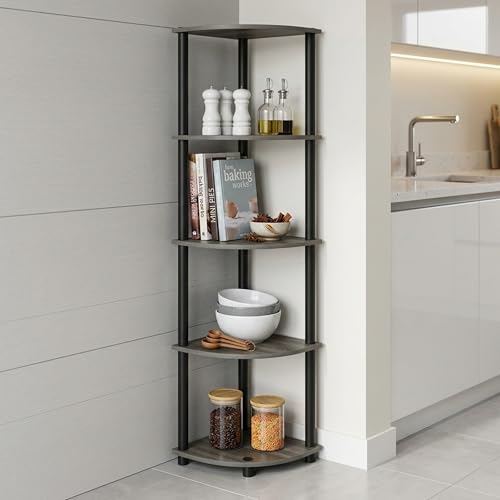 Image of JD FRESH 5-Tier Wooden Open Corner Rack /Table Corner Display Rack /Storage Shelf Stand /Multipurpose Shelf for Living Room, Bedroom, Home Office Display (Cambridge, Walnut)