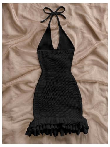 Image of GORGLITTER Women's Vacation Outfit Crochet Halter Knit Bubble Mini Dress Sexy Beach Cruise Summer Miami Resort Outfits