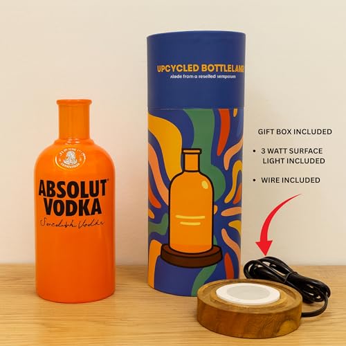 Image of KAVI Handmade Upcycled Vodka Bottle LED Lamp with Wooden Base - Decorative Lighting for Home & Bar (Orange)