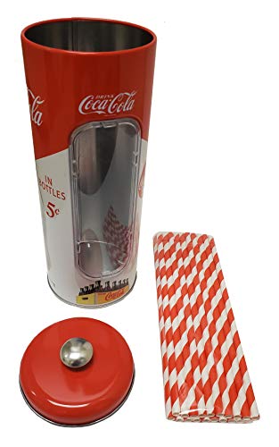image for The Tin Box Company Coke Holder Tin with 20 Paper Straws Inside, 3-3/8
