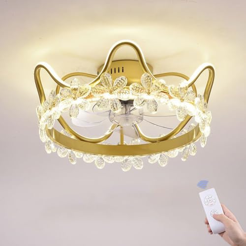 Ventilador de techo de perfil bajo con luz para habitación de niñas, ventilador oscilante de 360° con forma de corona y flores, luz LED regulable a distancia, luz rosa para dormitorio infantil, guarde