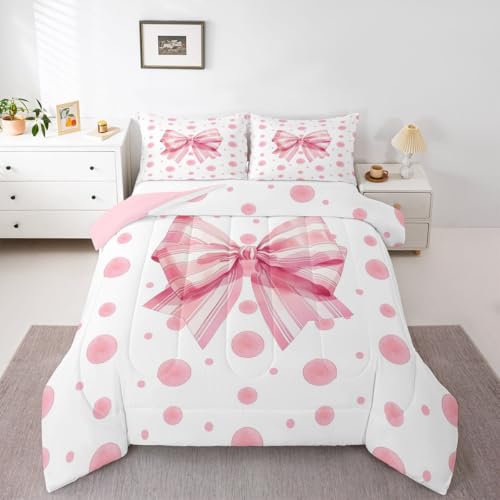 jejeloiu Cute Pink Bow Kids Comforter Set Full Size Bowknot