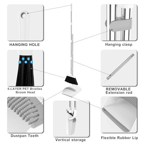 Image of Broom and Dustpan Set, 52 inch Adjustable Handle Broom, White | Dustpan Self-Cleaning Teeth for Hair, 52 inch Long Handle Standing dustpan,Suitable for Home Kitchen Office Hall Floor