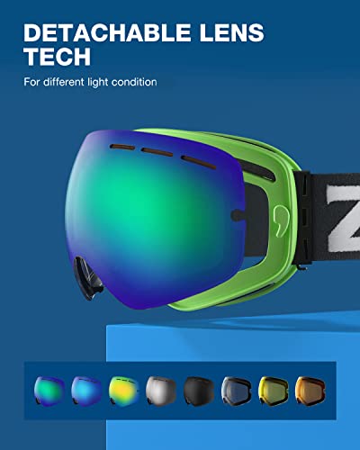Image of ZIONOR X Ski Snowboard Snow Goggles OTG Design for Men Women Adult with Spherical Detachable Lens UV Protection Anti-fog (VLT 14% Green Frame Revo Green Lens)