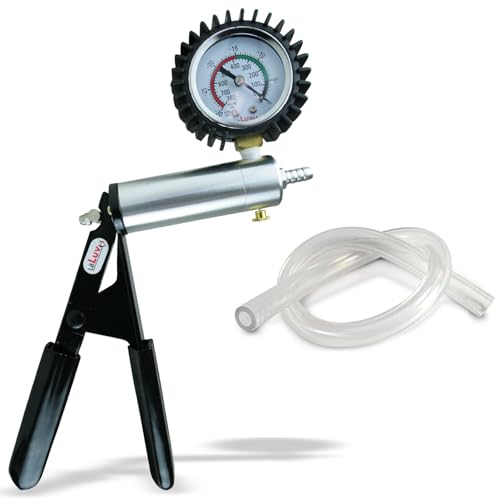 LeLuv Ultima Black Vacuum Pump - Aluminum Alloy Silver Handle Manual Hand Vacuum (0-30 Hg, 0-760 mmHg), Gauge Installed with Protective Rubber Cover, Silicone Padded Grips with Clear Hose