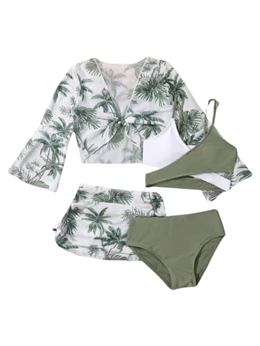Image of Girl's 4 Piece Set Coconut Tree Print Criss Cross Bikini Sets with Mesh Cover Up Monokini Green 150