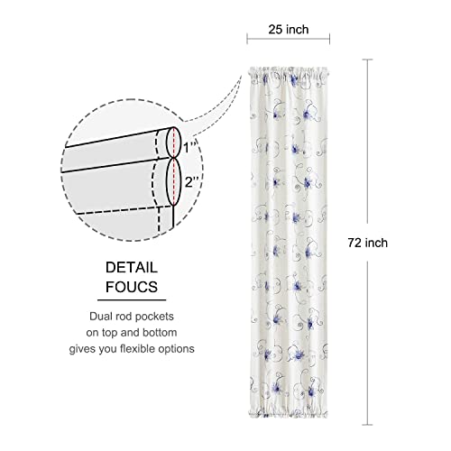 Image of VOGOL French Door Curtains, Rod Pocket Light Filtering Curtains for Doors with Glass Window, Blue Foral Embroidery Design for Kitchen Patio Doors, 25 x 72 Inches, 1 Panel
